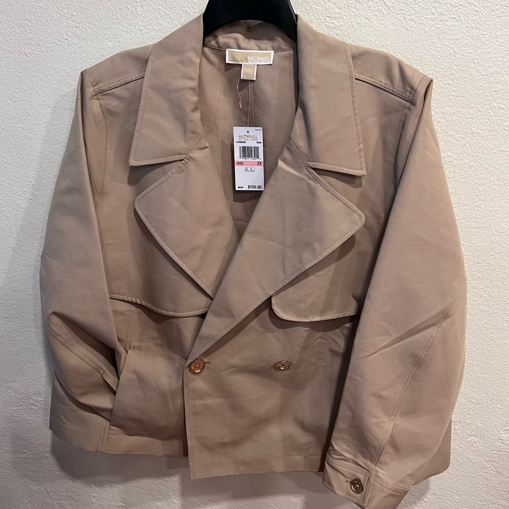 NWT Michael Kors Cropped Double- Breasted Cotton Trench Coat Khaki - Picture 4 of 9